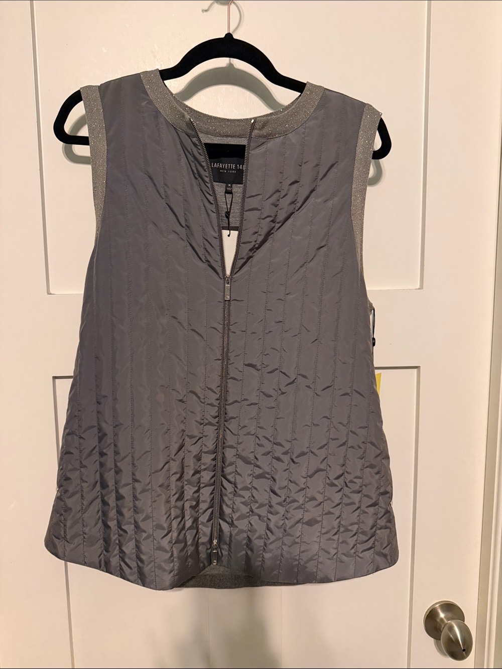 Lafayette 148 New York Quilted Gray Sleeveless Zip Vest with Sparkle Trim